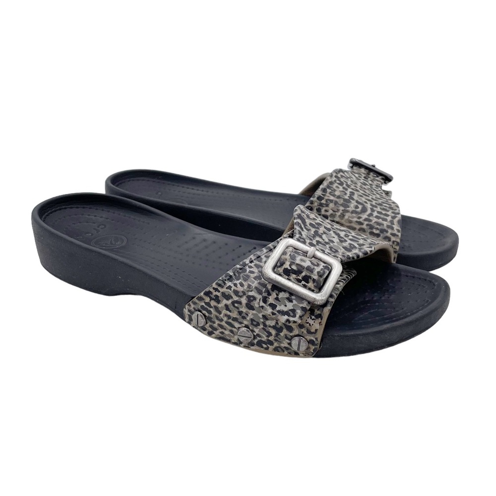 CROCS Black and Leopard Print Sandals